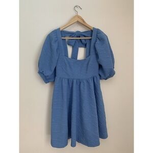 Free People Violet Mini Dress December Sky Blue Puff Sleeve Bow Back Size XS